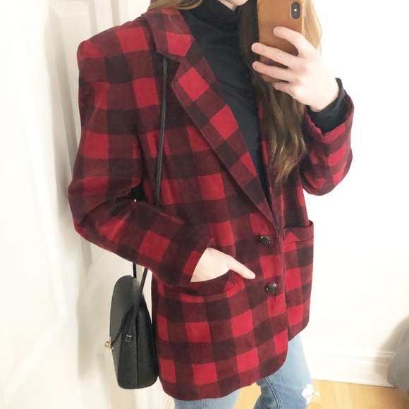 Vintage Danier Suede Plaid Check Red Blazer Jacket - Picture 2 of 10
